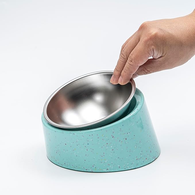Bzyoo 2 Cup Tilted Dog Bowl for Small Dogs & Cats, Stylish Sprinkle Design, Elevated, Stainless Steel 16oz Inner Bowl, Non-Skid, Help Cotain Spills, Dishwasher Safe Color: White