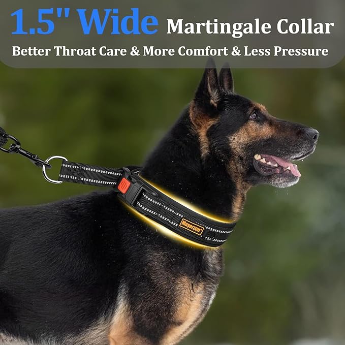 Mayerzon 1.5" Wide Martingale Collar for Large Medium Small Dogs Pitbull German Shepherd, No Pull Reflective Slip & Martingale Dog Collar with Buckle Soft Padded for Walking Training(Black,XL)