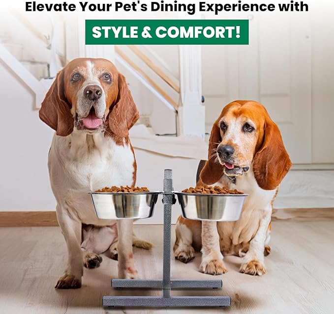 Iconic Pet Adjustable H-Design Double Diner - Non-Skid Rubber Base Noise Free Stable Dog Food Stand with 3 Quart/ 96 oz Stainless Steel Elevated Dog Food Bowls for Proper Growth & Digestion