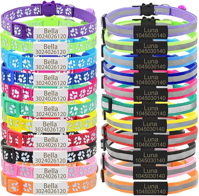 Personalized 2 Pack Reflective Cat Collar,Custom Breakaway Cat Collars with Name Tag and Bell,Anti-Lost Nameplate Cat Collar for Girls & Boys (Hot Pink,fit 8''-11.0'')
