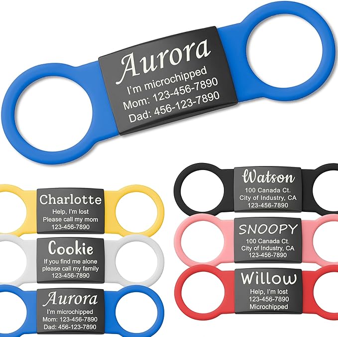 Anavia Slide On Silent Pet ID Tags, S/M/L/XL Personalized Black Stainless Steel Colored Silicone Cat Dog Name Tag, Customized Engraved Nameplate, Quiet Chew-Proof Pet Collar Tag (Blue, Large)