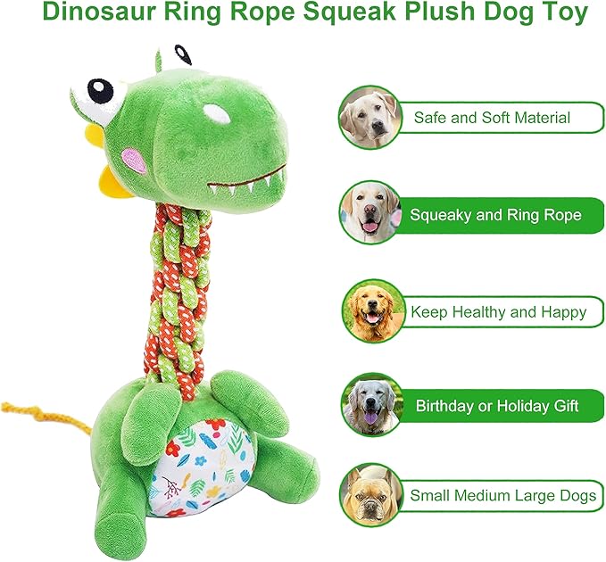 YXYANI Large Squeaky Plush Dinosaur Dog Toy Durable Chew Toy for Aggressive Chewers Interactive Tug of War Fetch Toy Soft Rope Neck for Small Medium Large Dogs - Pet Use Only
