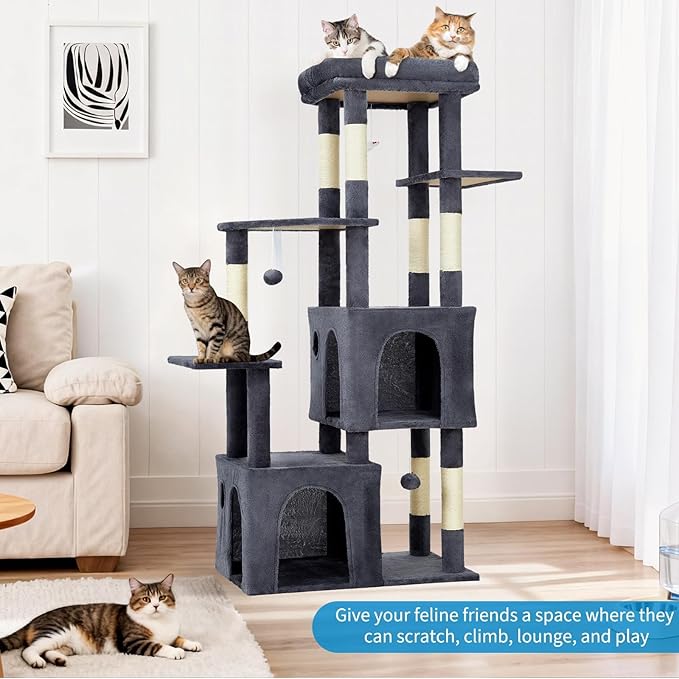 Cat Tree - 157cm Tall, Sisal Wrapped Scratching Post, Cat Nest, Hanging Ball, Extended Platform