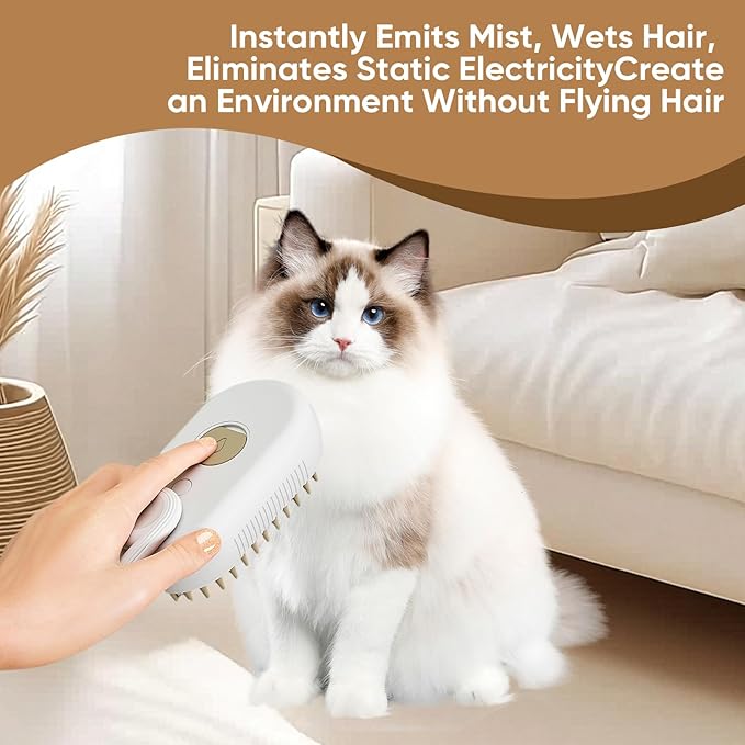 4-in-1 Steam Brush for Cats – Self-Cleaning Comb for Long and Short Hair Cats and Dogs, Steam Pet Brush for Hair Removal, Vibrating Message, Grooming & Relaxation (White)