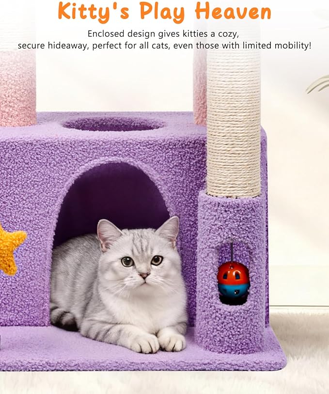 32" Cute Cat Tower for Indoor Kittens with Cat Condo, Plush Platform, Hammock, Sisal Scratching Posts, Dangling Ball, Tall Cat Tree Tower with Self-Grooming Brush (Moonlit Violet)