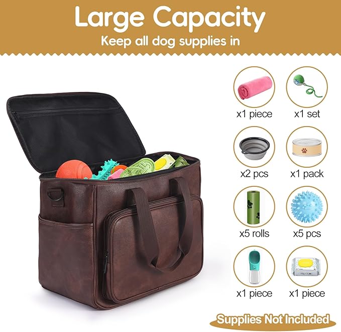 Dog Travel Bag, Leather Travel Pet Bag Set for Dog and Cat, Airline Approved Tote Organizer with Multi-Function Pockets, 2 Food Storage Containers, 2 Collapsible Bowls