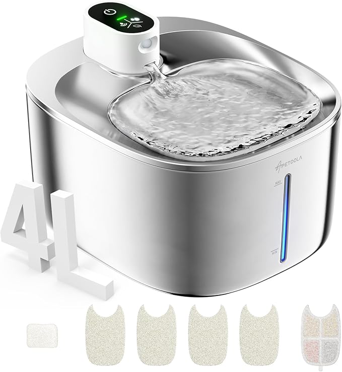 APD APETDOLA Wireless Cat Water Fountain Stainless Steel,135floz/4L Battery Operated Automatic Pet Fountain,Cordless Cat Water Dispenser Pet Drinking Water Fountain for Multicat Cats Dog Outdoor