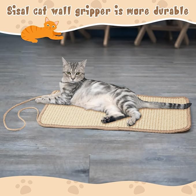 2 Pack Sisal Door Cat Scratching Mat Double Use Hanging Scratcher Wall Floor Mount Cat Scratch Mat Kitty Scratching Pad for Indoor Kitten with Hemp Rope, 7.87"x19.69"(Regular,Natural)