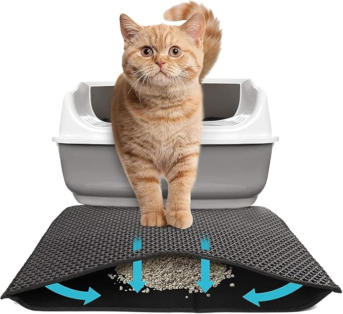 Cat Litter Mat 24x18 Inches, Honeycomb Double Layer Traps Litter & Waterproof Leatherette Bottom Prevents Urine Leaks, Durable & Easy Clean Pet Floor Protector for Cat Litter Box Area（Black）