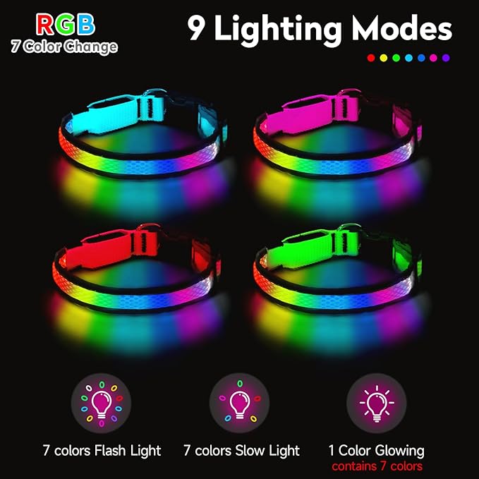LED Dog Collar, Light Up Dog Collar USB Rechargeable, Nylon Adjustable Comfortable Soft Bright RGB 7 Colors Changing Safety Light Glowing Collar for Small and Medium Dogs(Small,Green)