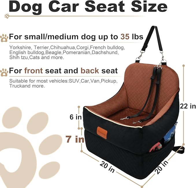 Car Dog Booster Seat,Interior Height 7 Inches Elevated for Small Dog up to 35 lbs,Pet Car Travel Safety Seat with 2 Safety Leashes,Storage Pockets,Non-Slip Bottom(Lookout-Black Outside Brown Inside)
