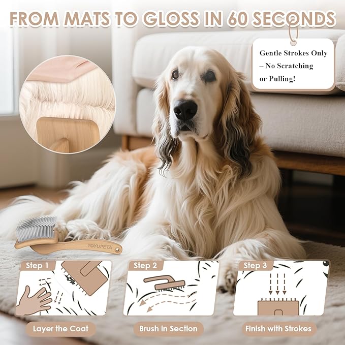 Large Long Pin Slicker Brush & Comb for Poodles, Goldendoodles & Cockapoos, Long Hair Dogs & Cats, Detangler Brush for Shedding & Matted Fur, Ergonomic Wooden Handle, Leather Sleeves. Natural