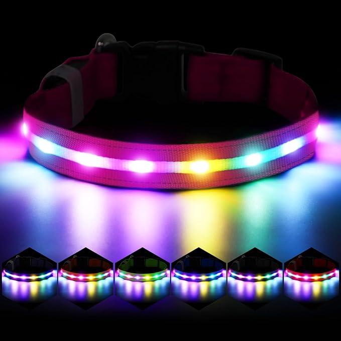 Fiveda Light Up Dog Collar, USB Rechargeable 6 Modes, Waterproof Charging Port, Long Lasting LED Collar - Adjustable Nylon Reflective for Dogs, Sizes S/M/L (7/9/11 Lights) -Pink, S