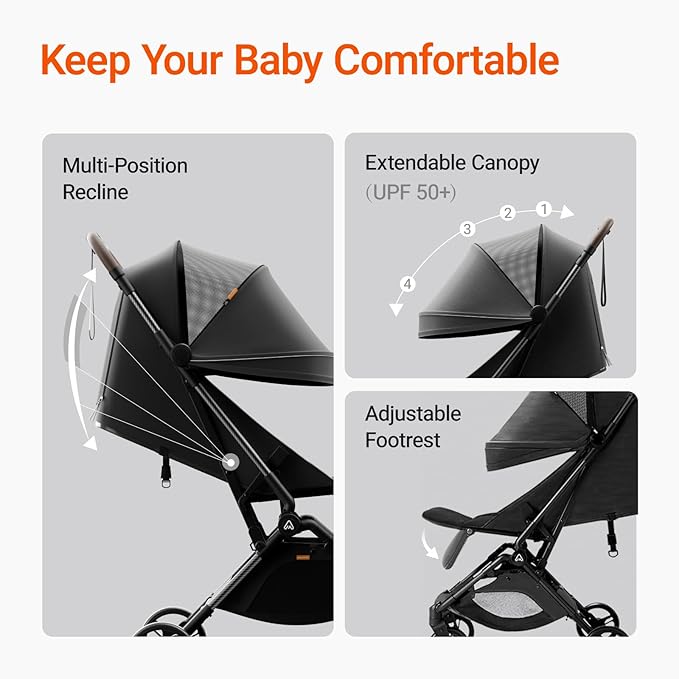 MAMAZING Lightweight Baby Travel Stroller with Carbon Fiber Frame, Compact & Airplane-Friendly, One-Handed Folding Design, 11.6 lbs, Perfect for Toddlers, Black