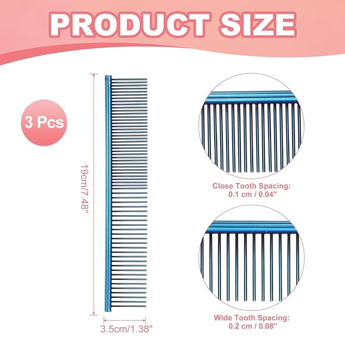 Dog Cat Comb, Pet Combs Stainless Steel Teeth with Rounded Ends for Knots Mats Loose Hair Removal, 7.5IN (Blue Plated, 3 Pack), Grooming Tool Intended for Long Curly Hair Pet