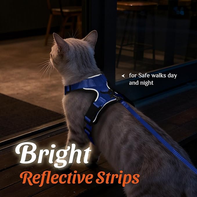 Dooradar Cat Harness and Leash Set, Escape Proof Safe Adjustable Kitten Vest Harnesses for Walking, Easy Control Soft Breathable Mesh Jacket with Reflective Strips for Cats, Blue, S