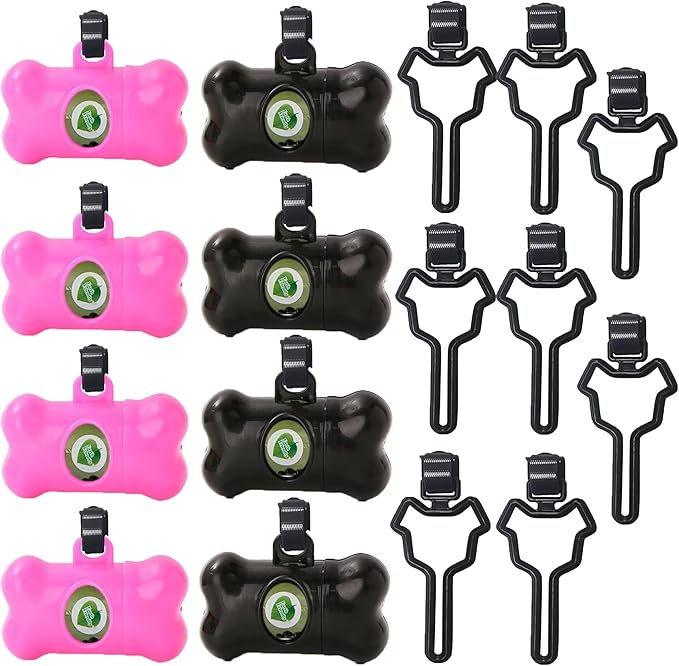 8 Pack Dog Poop Bag Dispenser Include 8 Rolls (120 Bags) Leak-Proof Doggie Pet Waste Bags & 8 Pack Poop Bag Holders(Black+Pink)
