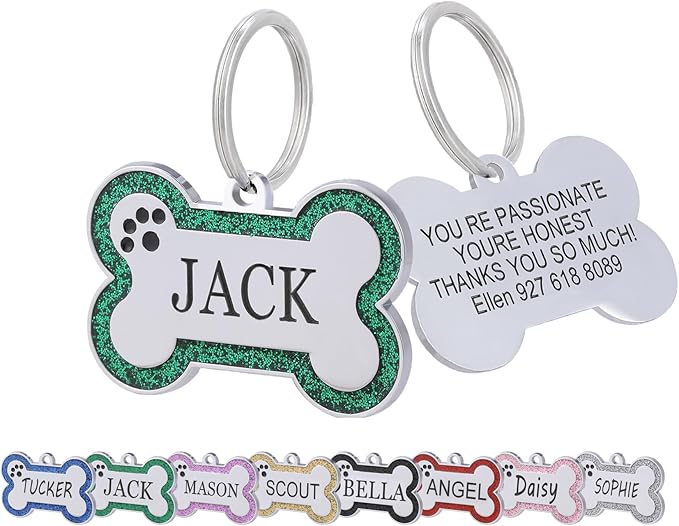 Personalized Dog Tags - Stainless Steel Deep Engraved Glitter Bone Shape Pet ID Tag, Double Sided Custom Text, Lightweight Durable Cat Dog Name Tag (Green, L)