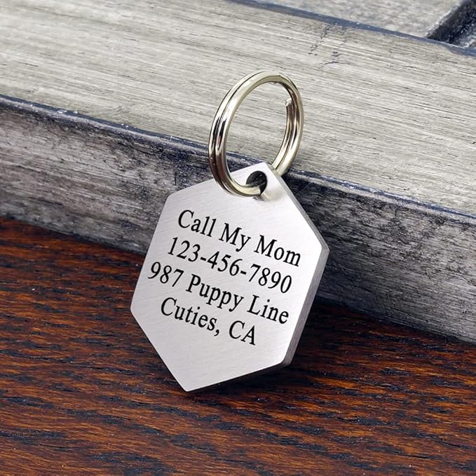 Ultra Joys Stainless Steel Pet ID Tag Dog Name Tags Personalized Front and Back Engraving, Customized Dog Tags and Cat Tags, Optional Engraved on Both Sides, Hexagon Tag Vine Design, Silver Large