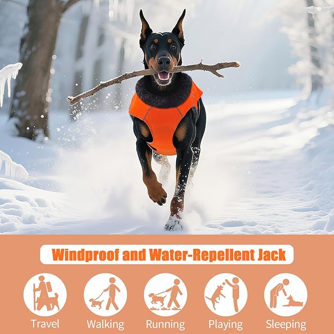 DENTRUN Winter Warm Dog Coat Reflective Jacket with Turtleneck for Cold Weather, Adjustable Buckle Windproof Water Repellent, Thick Snowsuit Fleece Vest for Small, Medium, Large Dogs, Orange, L