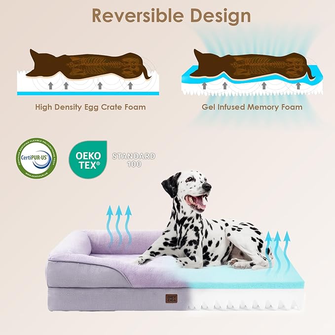 EHEYCIGA Memory Foam XL Dog Bed for XLarge Sized, Extra Large Orthopedic Dog Sofa with Sides and Waterproof Liner, Washable Bolster Pet Couch with Removable Cover, 42x30x7.5 Inch, Purple