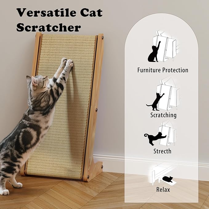 L Shaped Sisal Cat Scratcher - 28 Inch Cat Scratch Ramp for Indoor Cat use,Vertical Cat Scratching Post,Wooden Climbing Kitten/Cats Furniture(Large)