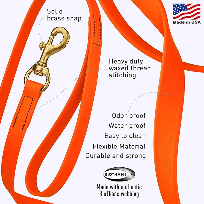 Viper Biothane K9 Working Dog Leash Waterproof Lead for Tracking Training Schutzhund Odor-Proof Long Line with Solid Brass Snap for Puppy Medium and Large Dogs, 10ft Hunter Orange