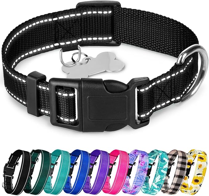 TECEUM Reflective Dog Collar – Black – XL – Basic Nylon Pet Collar – Quick Release Buckle – Fits Small, Medium and Large Dogs, Puppies, Cats – ESA & Service Dog Options