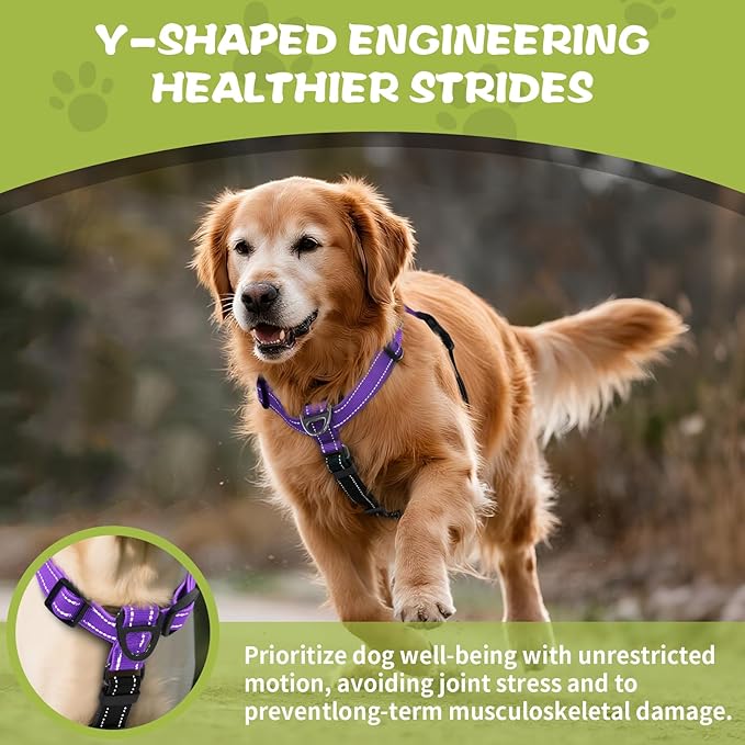 Dog Harness,Adjustable No Pull Dog Harness,Y-Shaped Design,Buckle-Neck Balance Harness with Reflective, Ideal for Dog Training Hiking, Easy Walk Harness,Durable High-Tensile Nylon Purple-L