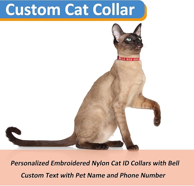 Personalized Cat Collars, Embroidered with Pet Name and Phone Number, Adjustable Nylon Breakaway Safety Release Buckle ID Collar,Custom Text with Bell for Cat or Kitten,Red