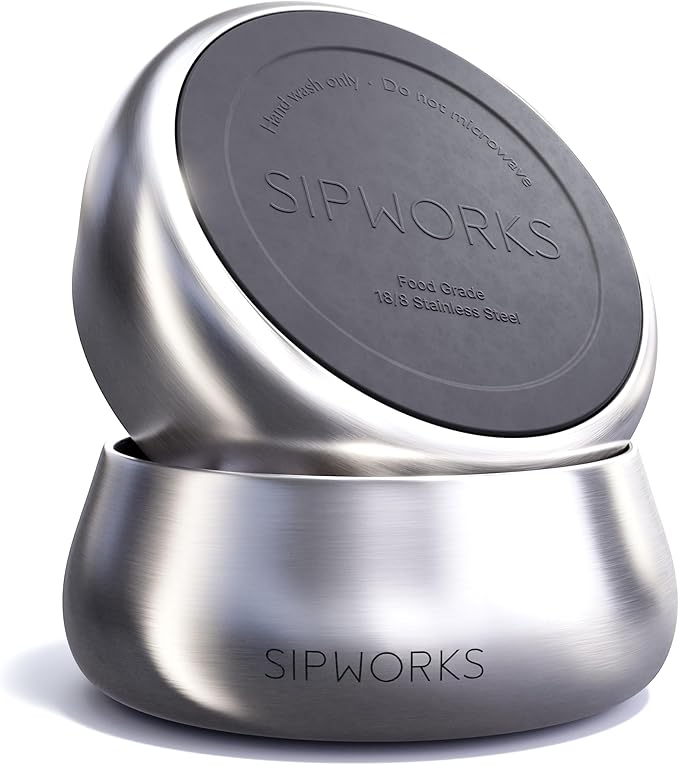 Sipworks Stainless Steel Dog Bowl – 32oz Weighted Metal Food and Water Bowls for Dogs and Cats with Non-Slip Base - Pet Bowls for All Breeds Sizes for Travel & Outdoor Play - Steel