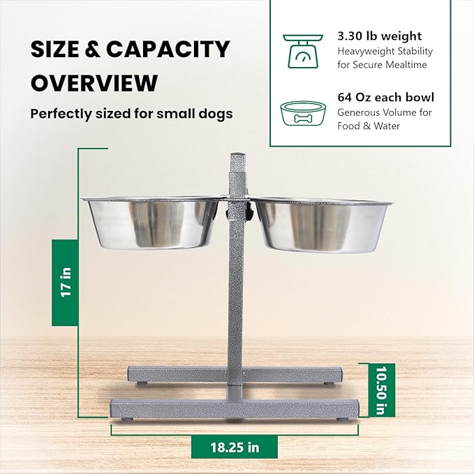 Iconic Pet Adjustable H-Design Double Diner - Non-Skid Rubber Base Noise Free Stable Dog Food Stand with 2 Quart/ 64 oz Stainless Steel Elevated Dog Food Bowls for Proper Growth & Digestion