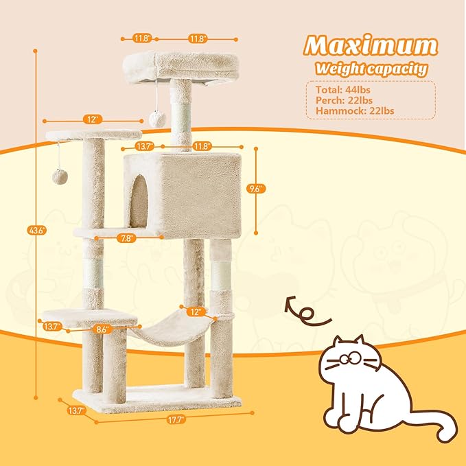 Sweetcrispy 44 inch Cat Tree Tower, Small Cat Climbing Tower with Condo, Natural Sisal Scratching Posts, Extended Platform, Hammock, Pet House for Indoor Cats and Kittens Play, Beige