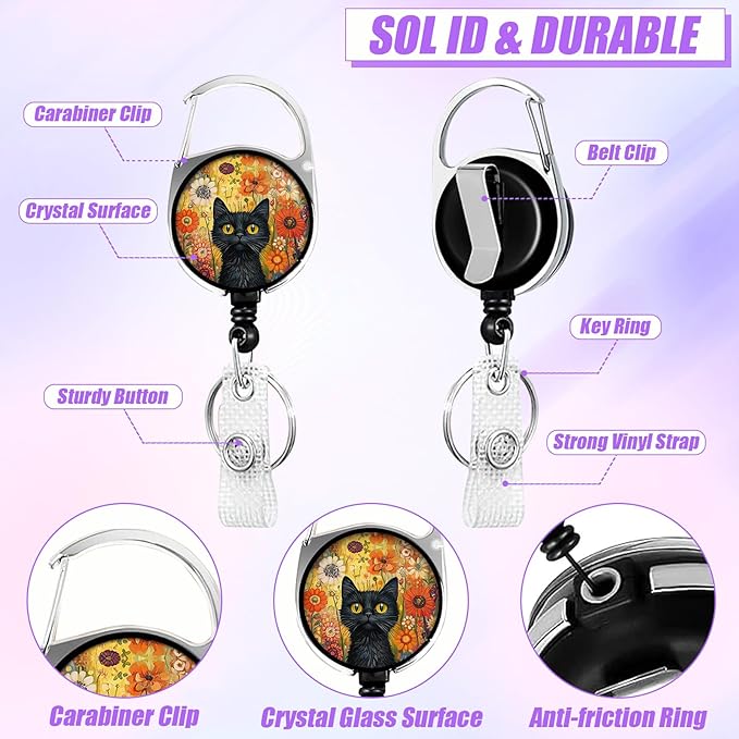 Black Cat Floral ID Badge Holder with Lanyard, Flower Garden Retractable Lanyards for ID Badges Name Tag Clips, Funny Nurse Teacher Office Student Gift