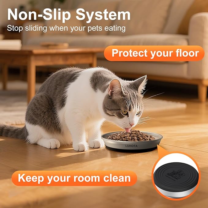 Cat Bowls, 2 Pcs 304 Stainless Steel Cat Bowls for Food and Water with Whisker-Friendly Shallow Design and Non-Slip Silicone Base, Perfect for Cats & Small Dogs