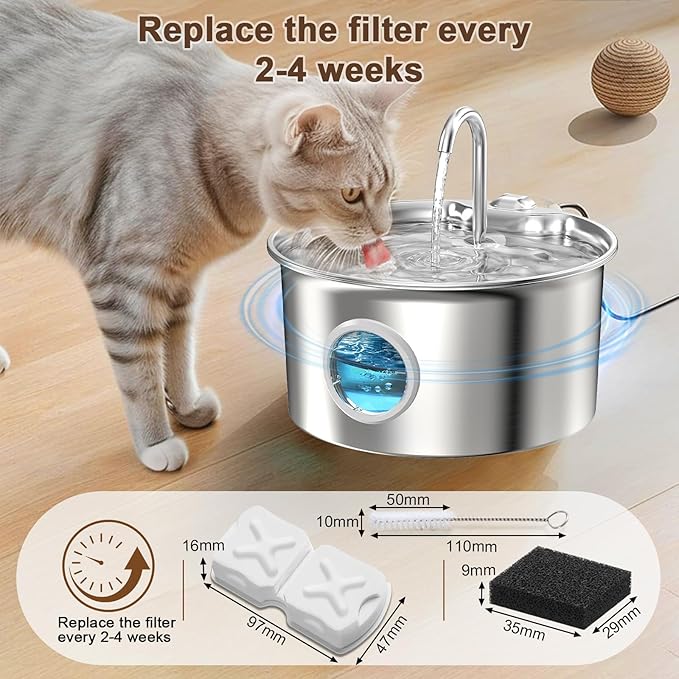MJYNITE Cat Water Fountain Filter Replacement Kit - 12 Cat Fountain Filters, 12 Sponges & 2 Brushes, Compatible with Stainless Steel Pet Fountains