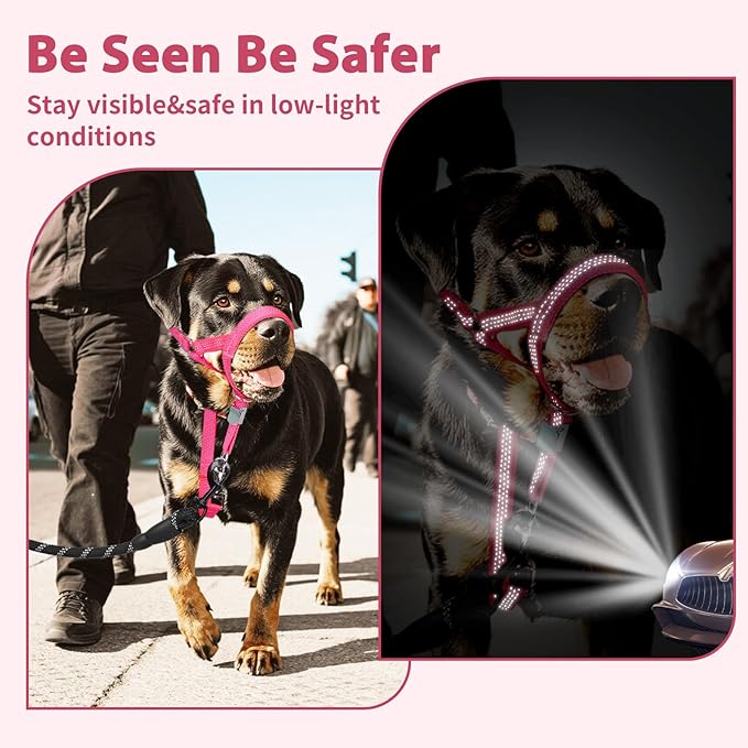 BARKLESS Sturdy No Pull Head Collar for Medium Large Dogs, Gentle Reflective Head Halter with Safety Link, Adjustable Nylon Dog Training Muzzle Leash for Walking Control (Hot Pink, M)