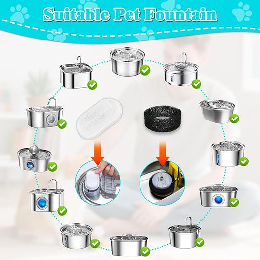 8-Pack Cat Water Fountain Filters with Pump Sponges — Activated Carbon, Ion-Exchange Resin & Cotton Mesh Replacement Filters for Pet Drinking Fountain