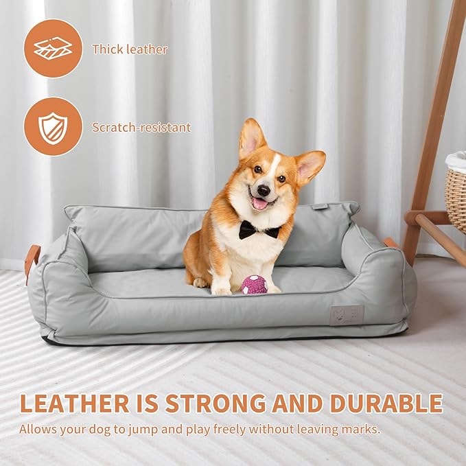 Waterproof Leather Memory Foam Dog Sofa Bed, Removable Orthopedic Dog Beds for Large Dogs, Durable Dogs Bed Couch with Non Skid Bottom for Different Pet Sizes (Silver Gray, X-Large)