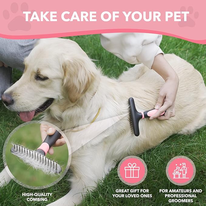 Dog rake deshedding dematting Brush Comb - Undercoat rake for Dogs, Cats, matted, Short,Long Hair Coats - Brush for Shedding, Double Row Stainless Steel pins - Reduce Shedding by 90% (Pink)