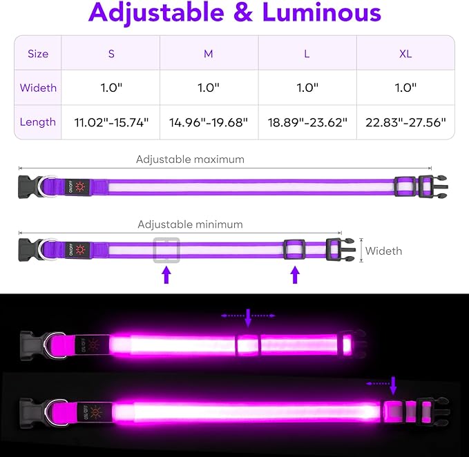 VIZPET LED Dog Collar, Light Up Dog Collar Adjustable USB Rechargeable Super Bright Safety Light Glowing Collars for Dogs (Purple, Medium[14.96-19.68 inch/38-50cm])