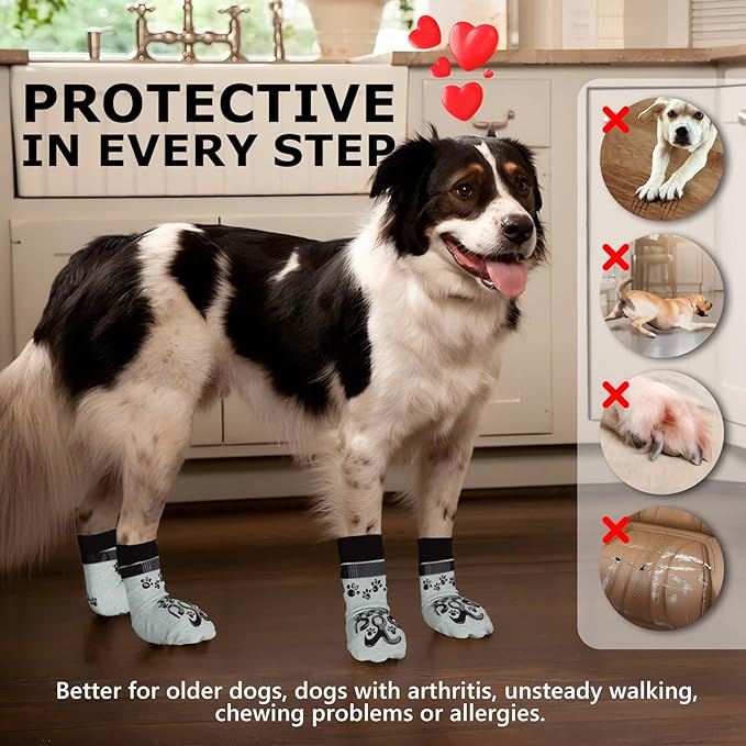 Anti Slip Dog Socks to Prevent Licking Paws - Double Side Dogs Paw Grip Sock for Hardwood Floors, No Twist Dog Booties Grippy Socks for Small Medium Large Senior Dogs, Light Grey and Black, M
