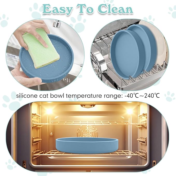 Silicone Cat Food Bowls Shallow Cat Dishes 5.9in Wide Pet Plates Set of 2 Small Flat Dog Saucer Bowl Cute Whisker Fatigue Kitten Feeding Dish for Dry & Wet Food (Round Blue + Pink)