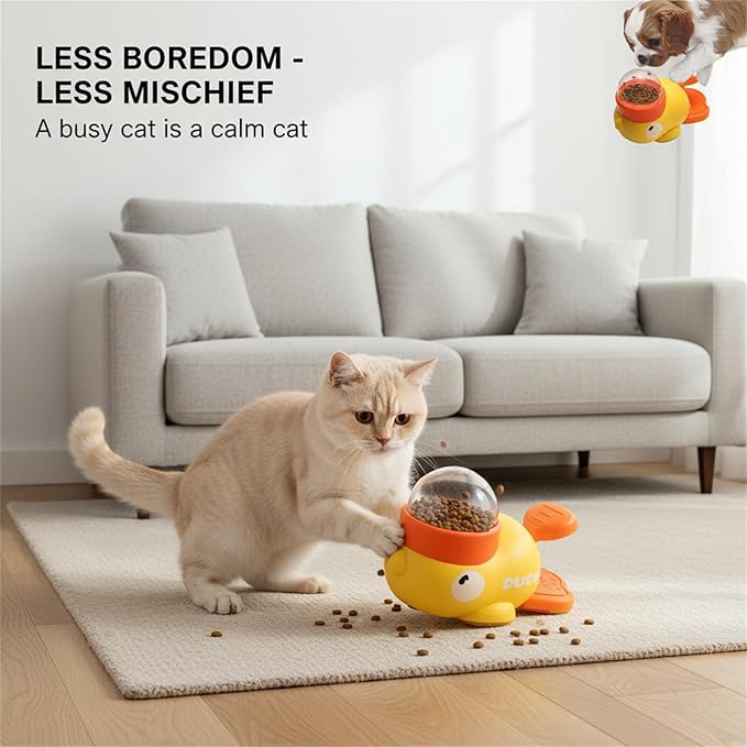 Yellow Duck Cat Feeder Toy, Little Yellow Duck Cat Toy Treat Feeder, 2-in-1 Interactive Cat Toy & Slow Feeder, Cat Dog Treat Dispenser with Button (1pcs)