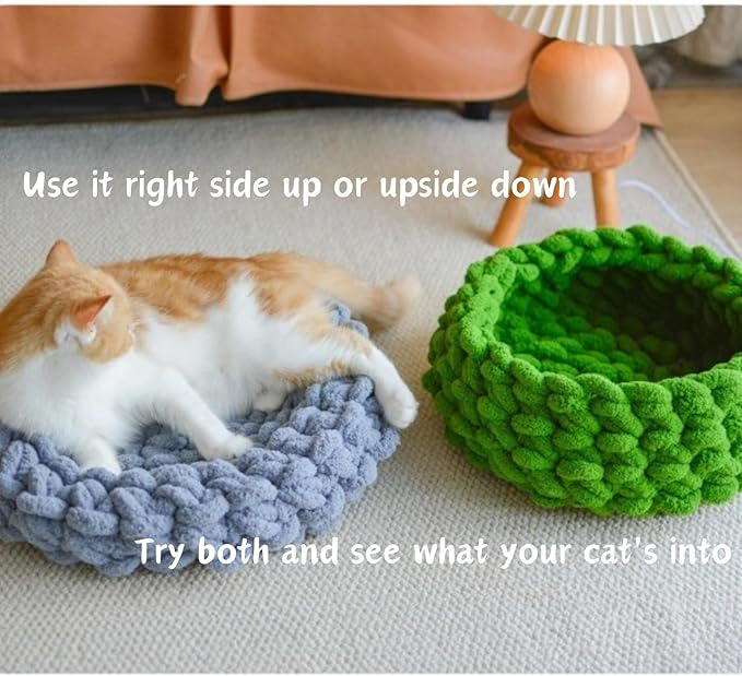 Cat Nest Bed - Premium Self Warming Handwoven Washable Extra Soft Round Cave House for Indoor Kitten & Kitty, Small & Large (DGreen,Large)