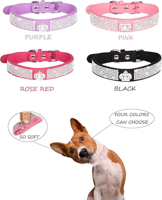 Dog Collar for Small Dogs, Adjustable Leather Suede Bling Dog Collars，Pink Dog Collar Cat Collar, Rhinestone Dog Collar (L, pink3)