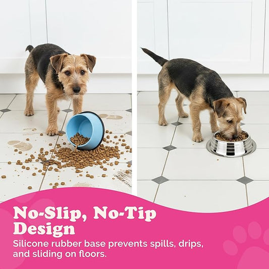 Stainless Steel Dog Bowls - Cat Bowls (Pack of 3) - Anti Skid & Non Tip Dog Water Bowl | Cat Water Bowl Set - Dishwasher Safe - 32 Oz - 950 ml - 23 cm Diameter (Elegant Silver Stripes)