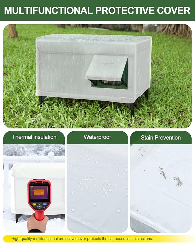 Outdoor Heated Cat House in Winter,Extremely Insulated & Weatherproof,Elevated Feral Cat Shelter with Waterproof Eaves & Escape Door for Outside Stray Barn Cat (Army Green,L)