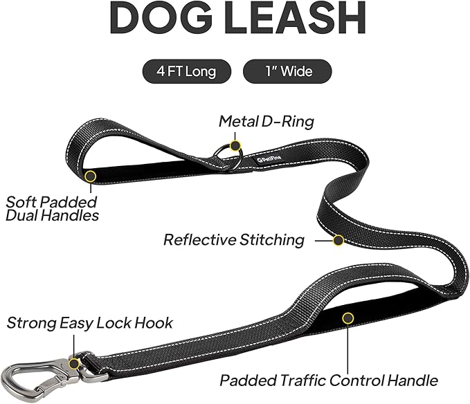 PetiFine 4FT Heavy Duty Dog Leash with Soft Padded Double Handle, Durable Strong Clasp Dog Leashes, Reflective Nylon Walking Lead for Large,Medium,Small Breed Dogs, Black