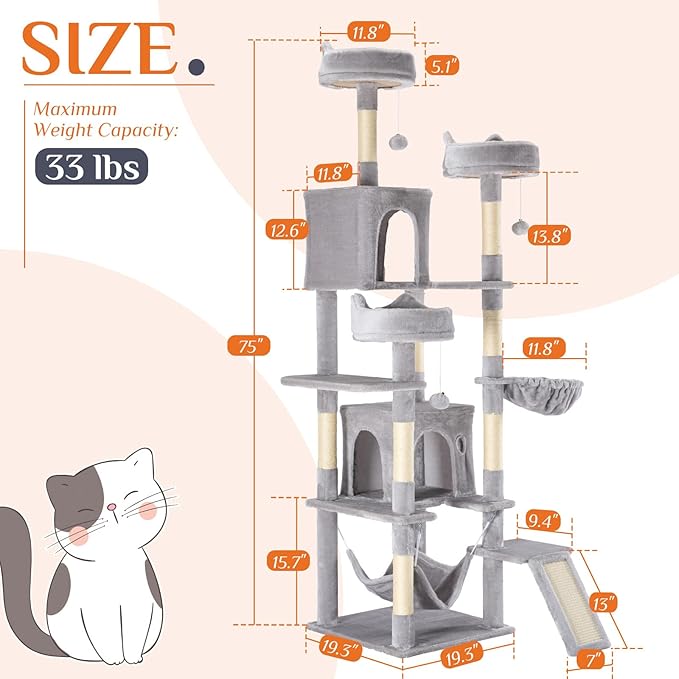 Large Cat Tree 75 Inch, Multi-Level Tall Cat Tree Tower with Condo, Perches, Sisal Scratching Posts Board and Hammock, Pet Play House with Dangling Balls for Indoor Cats, Light Grey